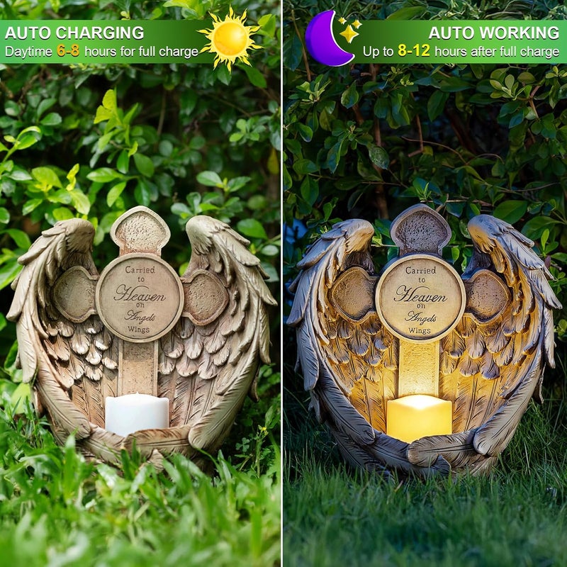 MXwcy 12“ Angel Wings Embracing Cross Solar Flameless LED Candles Outdoor Garden Memorial Statue for Garden Decoration Yard Art, A Touching Memorial Gift & Condolence Gifts Grave Decorations for Cemetery - Image 3